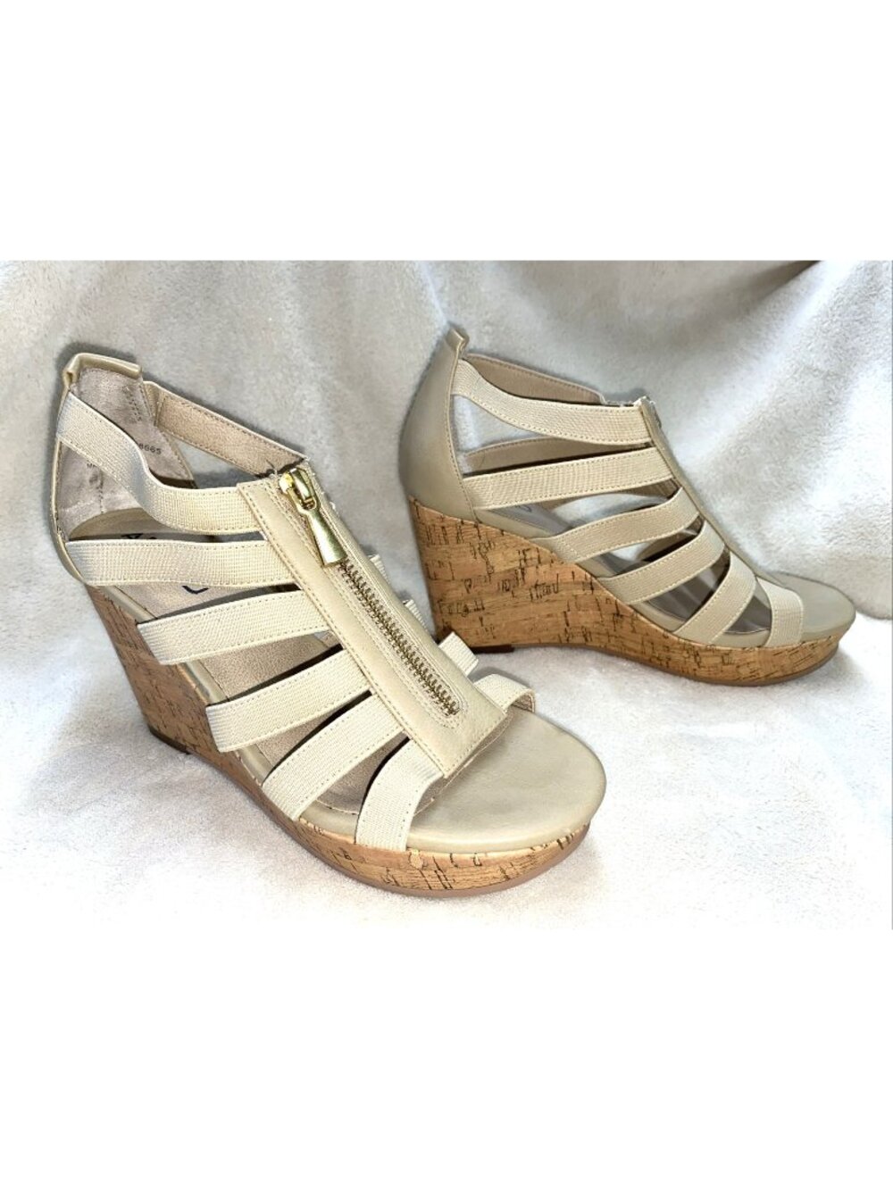 ABOUND Wedge Sandals Tan Strappy Zip Fabric Uppers Faux Cork Sz 5M #ye